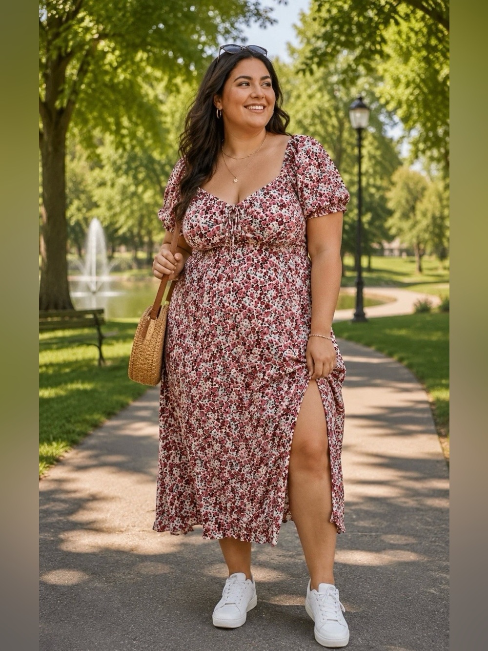 NOBO Burgundy Floral Puff-Sleeve Midi Dress